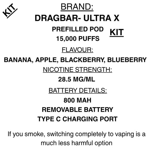 Dragbar Ultra X Vape Kit ā 15,000 Puffs | 20ml Pod | Prefilled Vape