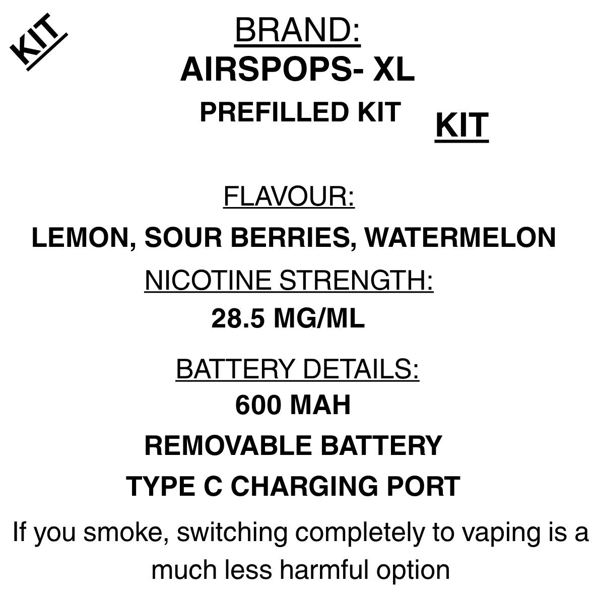 Shop Airpops XL - Starter Kit- Closed pod vape- Zesty Lemon 50mg/ml Getavape Shop Airpops XL - Starter Kit- Closed pod vape- Zesty Lemon 50mg/ml Getavape