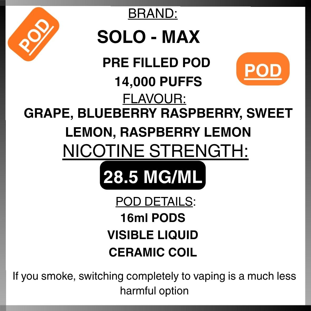 Advertisement for Solo-Max pre-filled vape pod with product details on a white background.