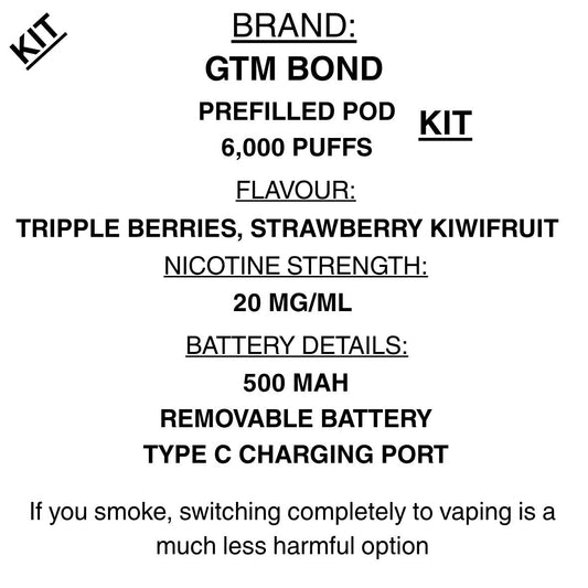 GTM Bar- Bond 6000- Closed Pod vape |6000 Puffs | 20mg/ml Nicotine Salt