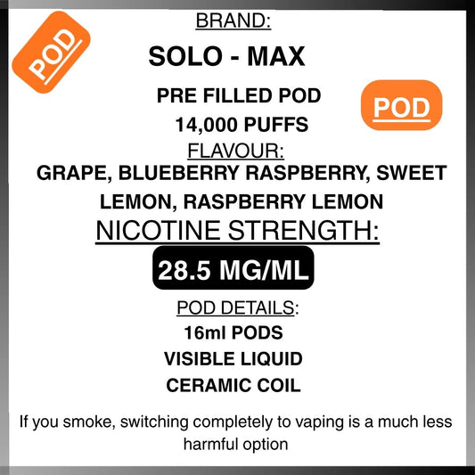 Advertisement for Solo-Max pre-filled vape pod with product details on a white background.