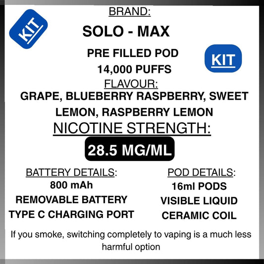 Product label for Solo-Max pre-filled pod with specifications and branding.