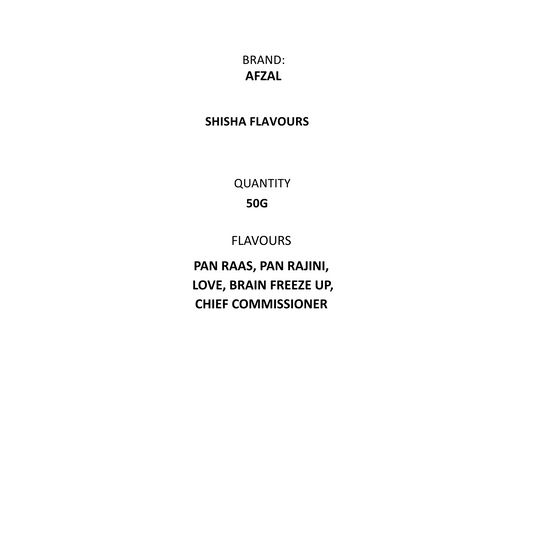 Product label for shisha flavors with brand 'AFZAL' and listed flavors.