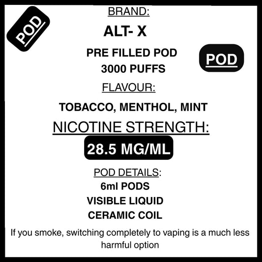 ALT-X pre-filled pod label with specifications on a white background